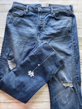 7 For All Mankind Blue Straight-Leg Jeans with White Floral Detail